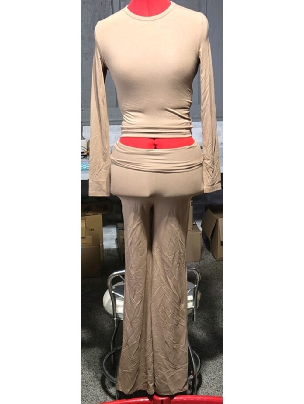 Women's 2-Piece Yoga Outfit Size XS Beige Knit  Long Sleeve Top & Bootcut Pants
